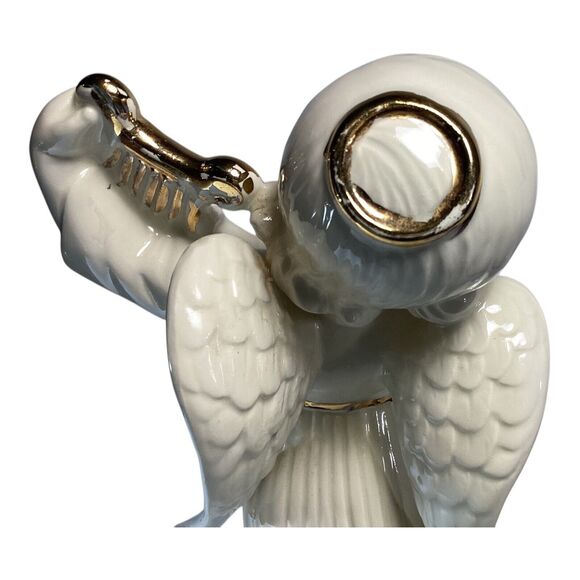Vintage Angel With Harp Figurine White And Gold 12in 1970s - Picture 3 of 5